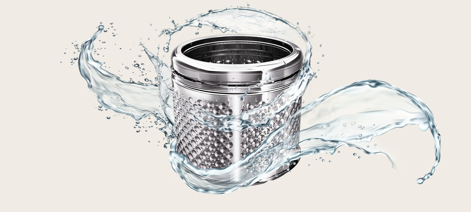 Washer drum surrounded by dynamic water splashes, representing simple tub cleaning