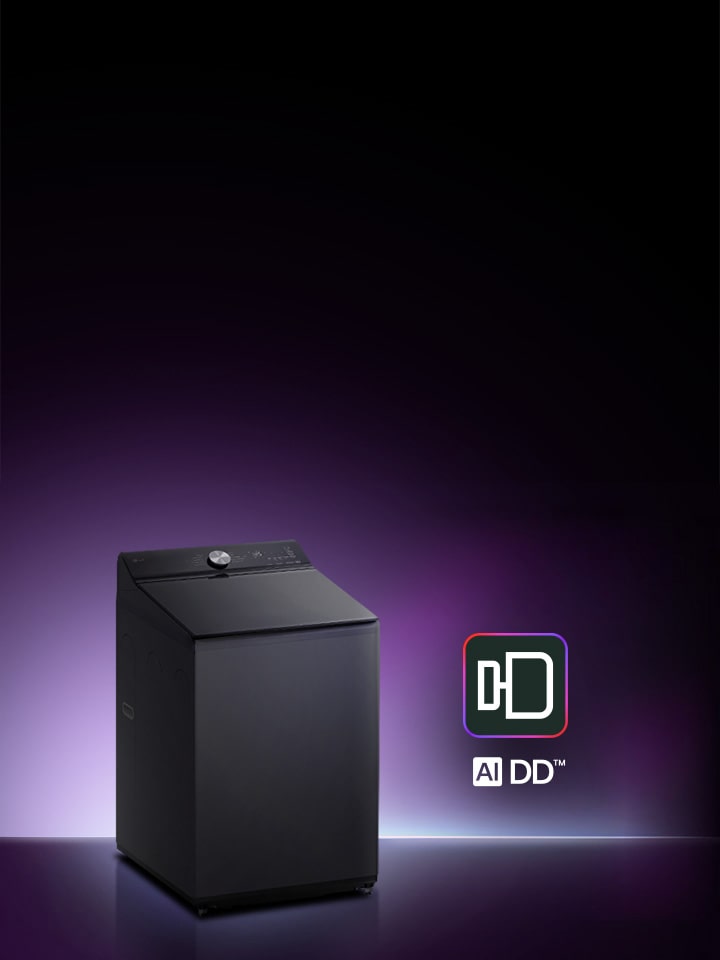 Menampilkan mesin cuci top-load LG dengan teknologi pencucian AI dalam visual modern berlatar ungu bercahaya.