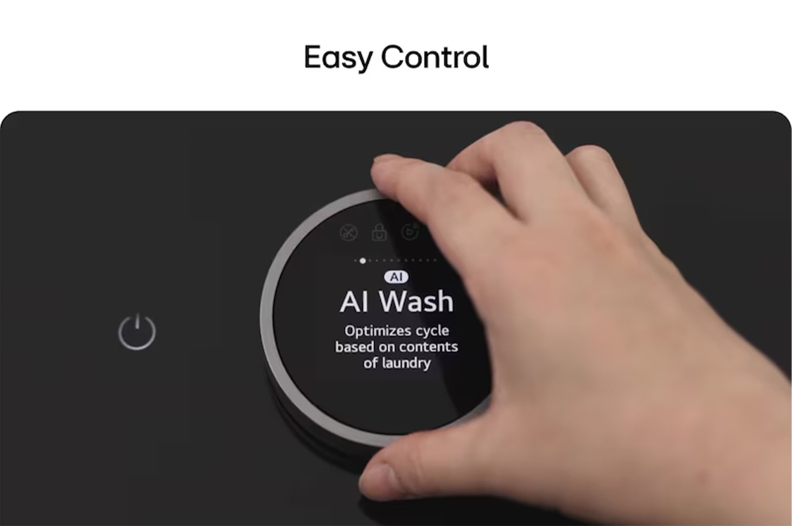 Hand adjusting AI Wash cycle on LG washing machine's control knob.