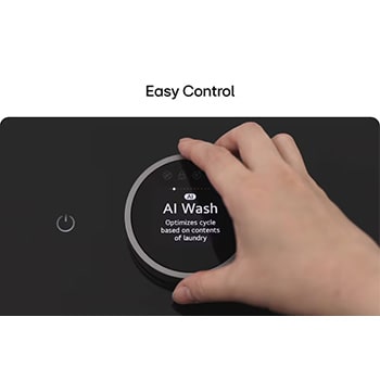 Hand adjusting AI Wash cycle on LG washing machine's control knob.