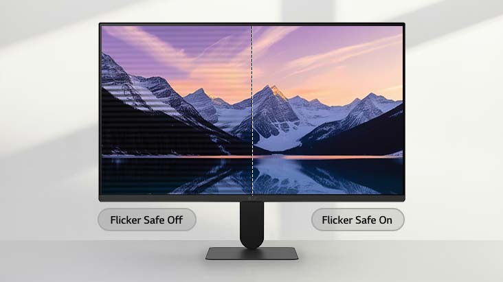 Monitor LG menampilkan perbandingan layar terbagi dari pemandangan pegunungan, dengan sisi kiri menunjukkan kedipan layar dan sisi kanan menampilkan gambar yang jernih dan bebas kedipan