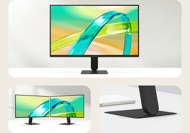 Monitor LG FHD dengan layar hampir tanpa bingkai di tiga sisi dan dudukan yang ramping, ditampilkan dalam tampilan depan serta konfigurasi dua monitor untuk ruang kerja yang rapi dan minimalis.
