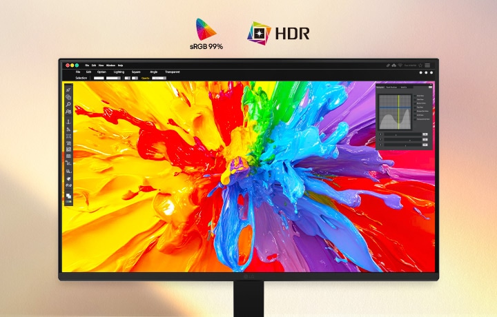 Monitor LG FHD menampilkan konten kreatif yang hidup pada layar melengkung lebar dengan dukungan HDR10 dan cakupan warna sRGB 99%, menghadirkan akurasi warna yang kaya, kontras yang ditingkatkan, serta detail visual yang tajam untuk pekerjaan kreatif dan pengalaman menonton yang imersif.