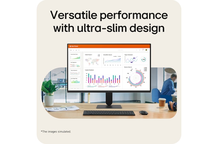 Monitor LG FHD di atas meja menampilkan grafik dasbor kantor dengan keyboard dan mouse dalam pengaturan area kerja.