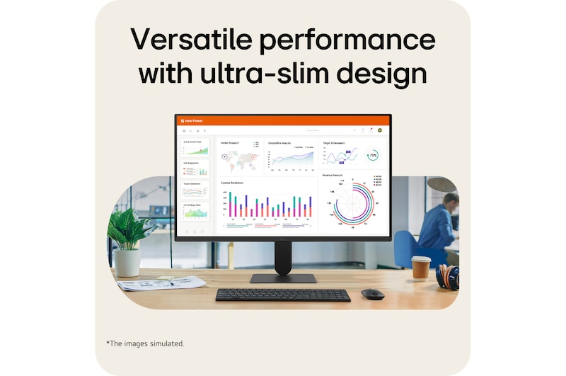 Monitor LG FHD di atas meja menampilkan grafik dasbor kantor dengan keyboard dan mouse dalam pengaturan area kerja.