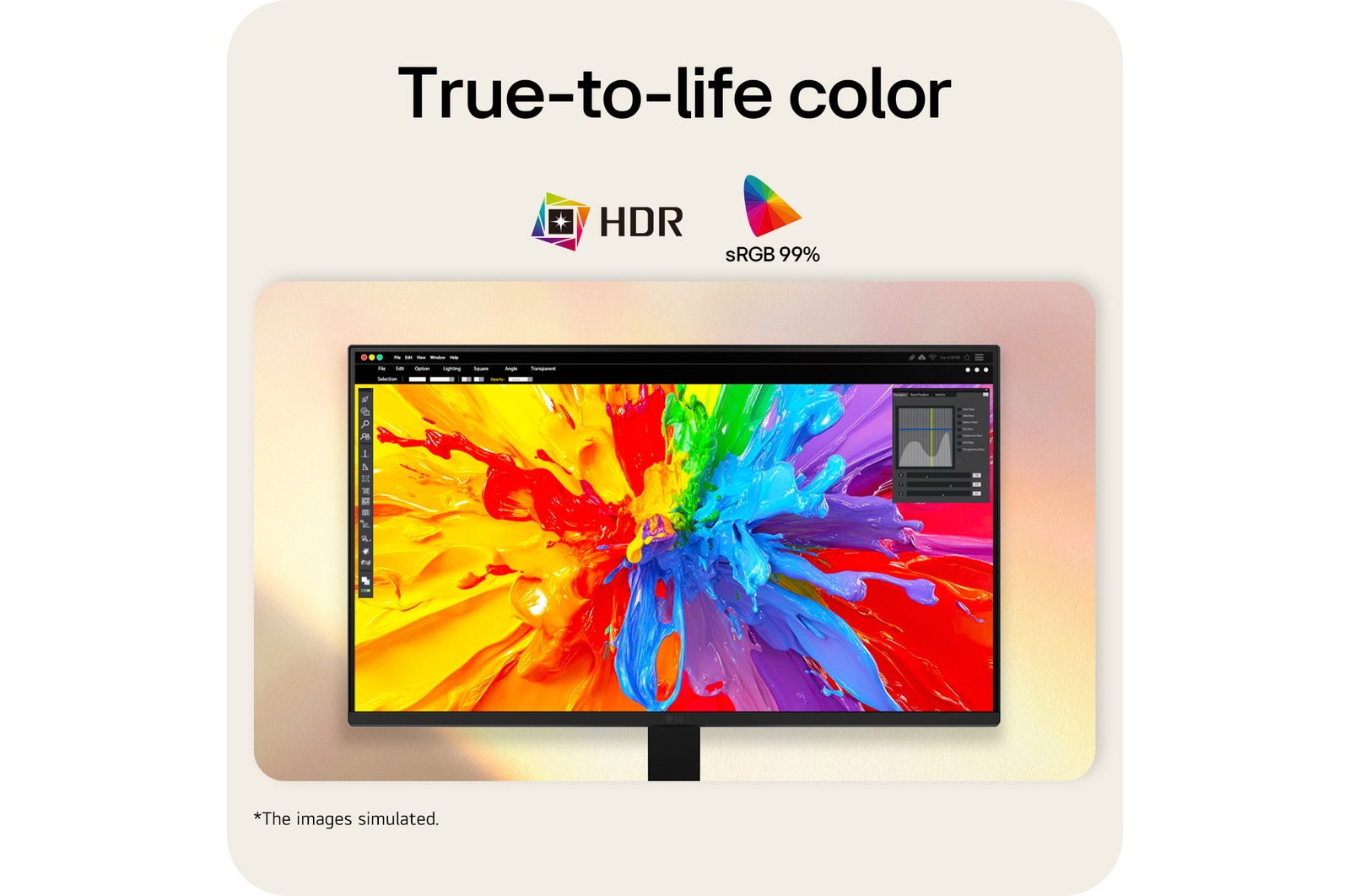 Monitor LG FHD menampilkan gambar yang hidup dengan dukungan HDR dan cakupan warna sRGB 99%.