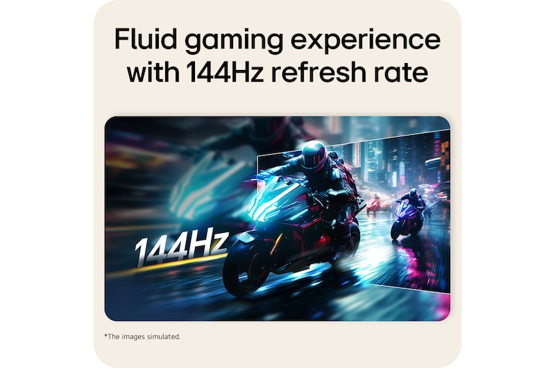 Monitor LG FHD menampilkan konten game yang bergerak cepat dengan kecepatan refresh 144Hz untuk gerakan yang halus.