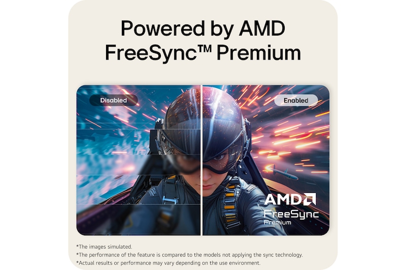 Monitor LG FHD menunjukkan teknologi AMD FreeSync Premium dengan perbandingan berdampingan antara mode yang dinonaktifkan dan diaktifkan.