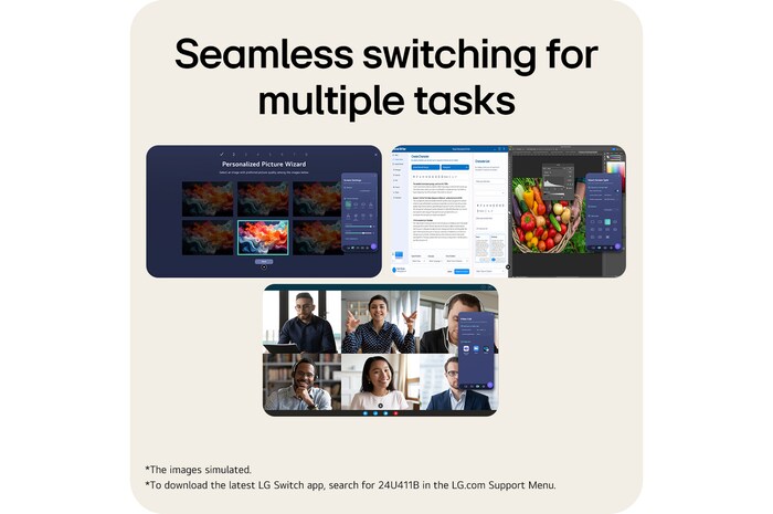 Monitor LG FHD menunjukkan antarmuka aplikasi LG Switch untuk kontrol tata letak layar dan penyesuaian mode gambar.