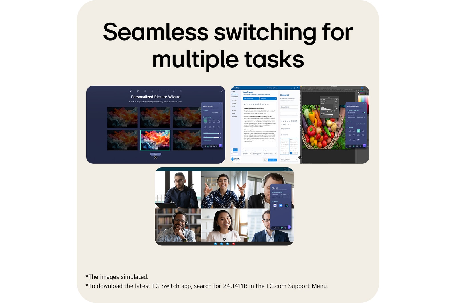 Monitor LG FHD menunjukkan antarmuka aplikasi LG Switch untuk kontrol tata letak layar dan penyesuaian mode gambar.