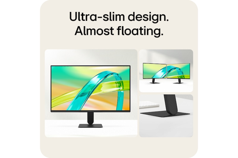 Monitor LG FHD dengan desain dudukan ramping yang meminimalkan ruang di meja dan mendukung pengaturan area kerja yang rapi.