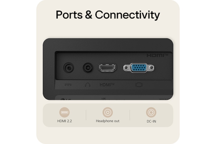 Tampilan dekat port belakang monitor LG FHD termasuk HDMI 2.2, output headphone dan DC-IN.
