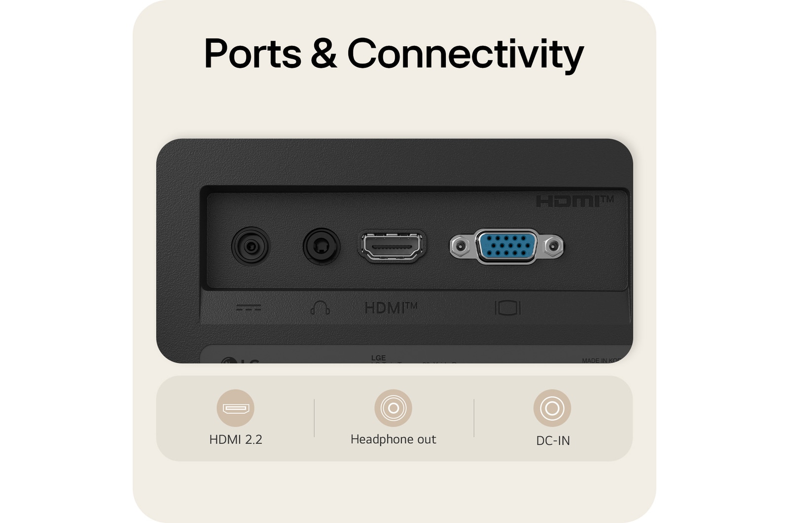Tampilan dekat port belakang monitor LG FHD termasuk HDMI 2.2, output headphone dan DC-IN.