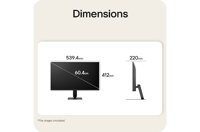 Tampilan depan dan samping monitor LG FHD dengan dimensi produk ditampilkan dalam milimeter.