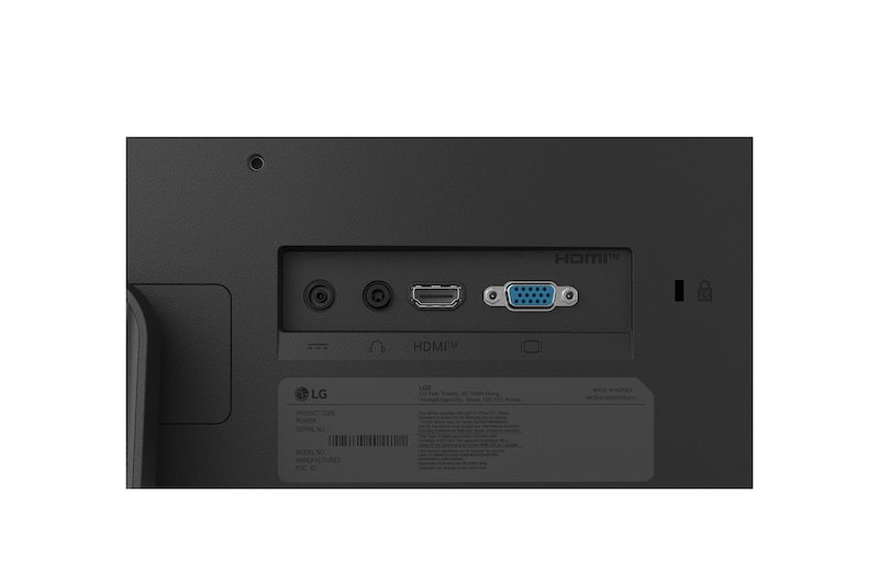 Tampilan dekat port belakang monitor LG FHD termasuk HDMI 2.2, keluaran headphone, dan DC-IN.