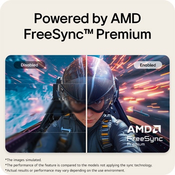 Monitor LG FHD menunjukkan teknologi AMD FreeSync Premium dengan perbandingan berdampingan antara mode yang dinonaktifkan dan diaktifkan.