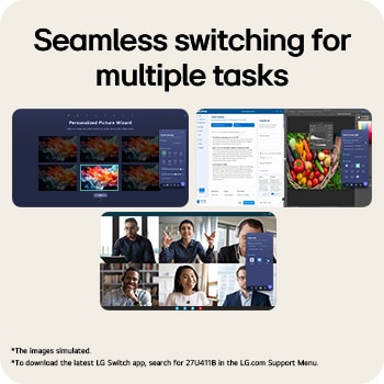 Monitor LG FHD menunjukkan antarmuka aplikasi LG Switch untuk kontrol tata letak layar dan penyesuaian mode gambar.