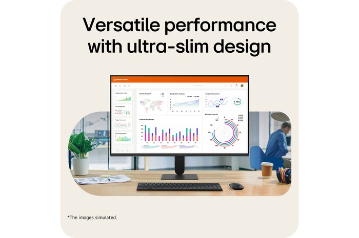 Monitor LG FHD di atas meja menampilkan grafik dasbor kantor dengan keyboard dan mouse dalam pengaturan area kerja.