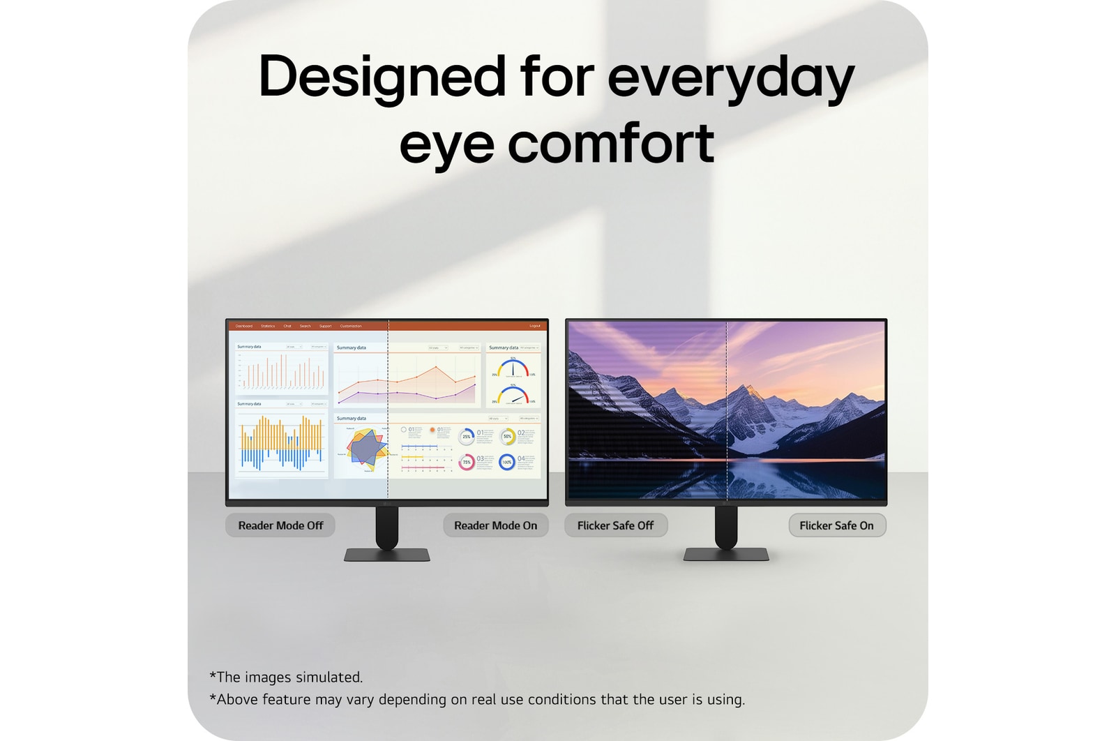 Monitor LG FHD mendemonstrasikan fitur Reader Mode dan Flicker Safe untuk mengurangi ketegangan mata.