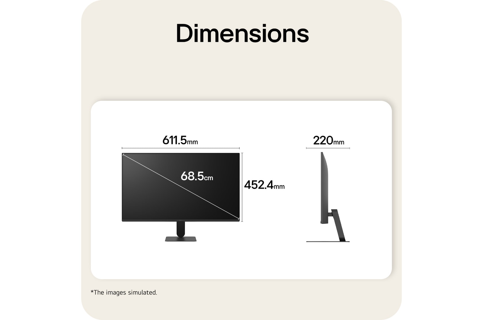Tampilan depan dan samping monitor LG FHD dengan dimensi produk ditampilkan dalam milimeter. 