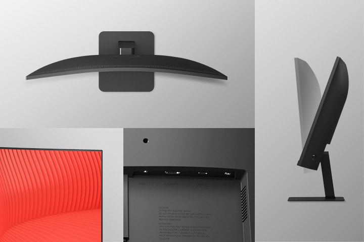 Gambar menunjukan bezel ramping di tiga sisi, dudukan yang ramping, berbagai port, dan tampilan kemiringan monitor	