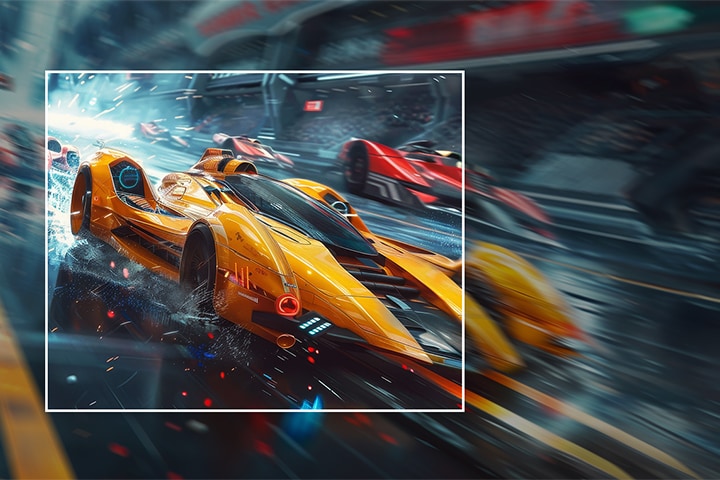 Adegan permainan balap yang digunakan untuk mempromosikan fitur MBR (Motion Blur Reduction) 1ms monitor. Mobil balap futuristik berwarna kuning cerah melaju di lintasan dengan efek buram gerakan. Di sebelah kanan, teks menyoroti manfaat seperti gameplay yang bergerak cepat, mengurangi keburaman, dan keunggulan kompetitif.