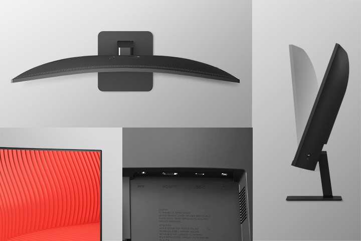 Gambar menunjukan bezel ramping di tiga sisi, dudukan yang ramping, berbagai port, dan tampilan kemiringan monitor	