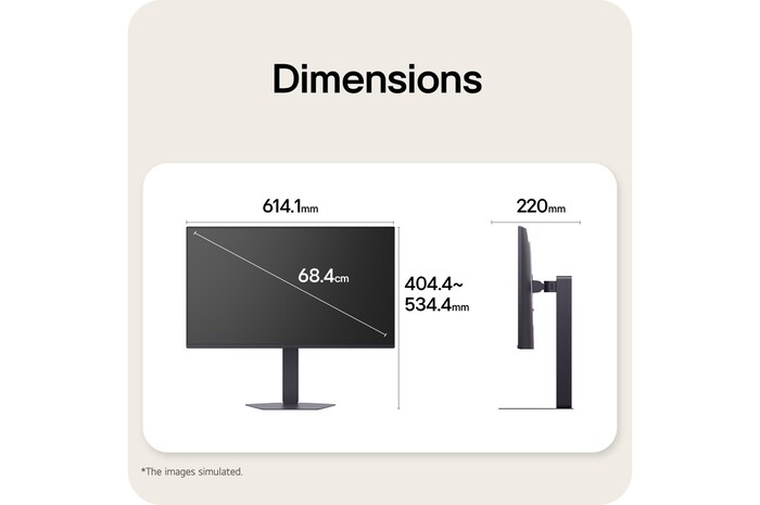 Tampak depan dan samping monitor gaming yang menggambarkan dimensi keseluruhan dan desain profilnya.