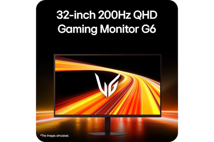 Tampak depan monitor gaming yang ditampilkan dalam lingkungan bergaya futuristik dengan pencahayaan neon.
