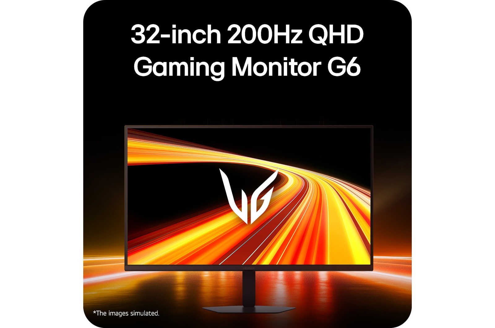 Tampak depan monitor gaming yang ditampilkan dalam lingkungan bergaya futuristik dengan pencahayaan neon.