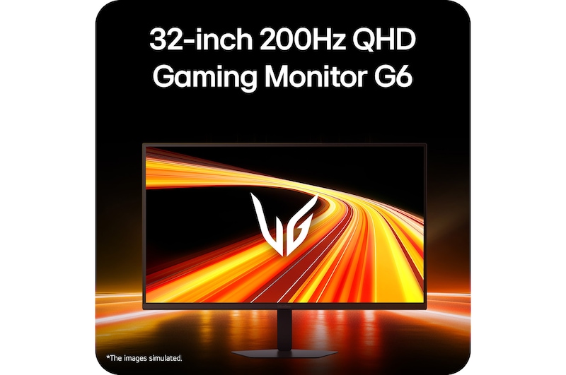 Tampak depan monitor gaming yang ditampilkan dalam lingkungan bergaya futuristik dengan pencahayaan neon.