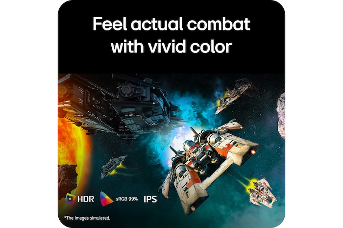 Adegan pertempuran futuristik yang ditampilkan pada monitor gaming, menampilkan warna-warna yang hidup dengan cakupan warna sRGB 99%, IPS, dan sertifikasi DisplayHDR.