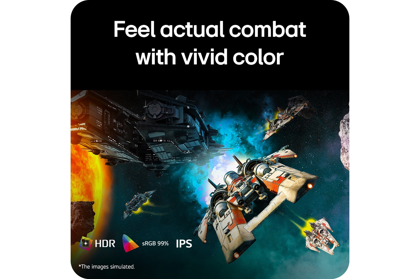 Adegan pertempuran futuristik yang ditampilkan pada monitor gaming, menampilkan warna-warna yang hidup dengan cakupan warna sRGB 99%, IPS, dan sertifikasi DisplayHDR.