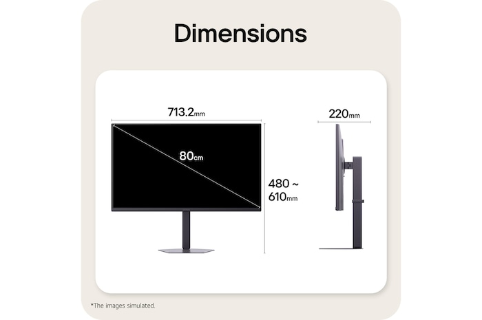 Tampak depan dan samping monitor gaming yang menggambarkan dimensi keseluruhan dan desain profilnya.