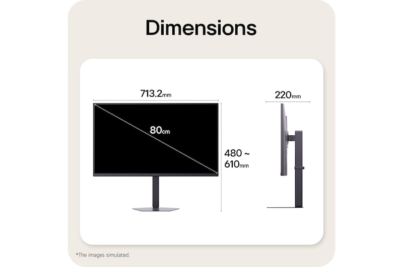 Tampak depan dan samping monitor gaming yang menggambarkan dimensi keseluruhan dan desain profilnya.