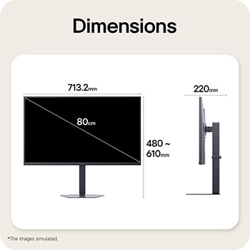 Tampak depan dan samping monitor gaming yang menggambarkan dimensi keseluruhan dan desain profilnya.