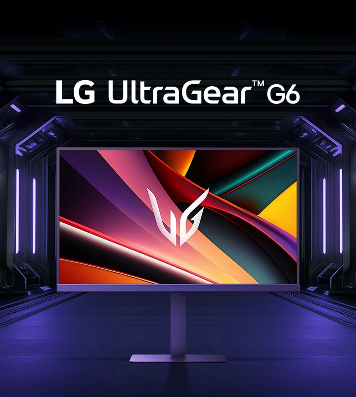 Gambar depan monitor gaming UltraGear™ 27G640A dalam ruangan yang futuristik dan diterangi lampu neon.