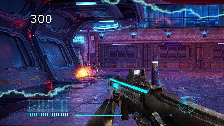 Adegan game penembak orang pertama yang ditampilkan pada monitor UltraGear™ 27G640A, menampilkan Penghitung FPS di layar yang menunjukkan 300 frame per detik.