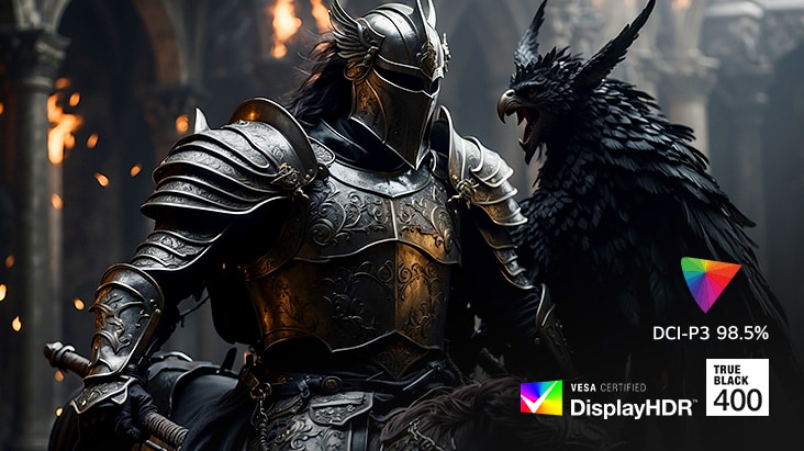 Ksatria berbaju besi hitam dengan seekor burung di aula abad pertengahan, menyoroti DCI-P3 98,5% dan DisplayHDR 400.
