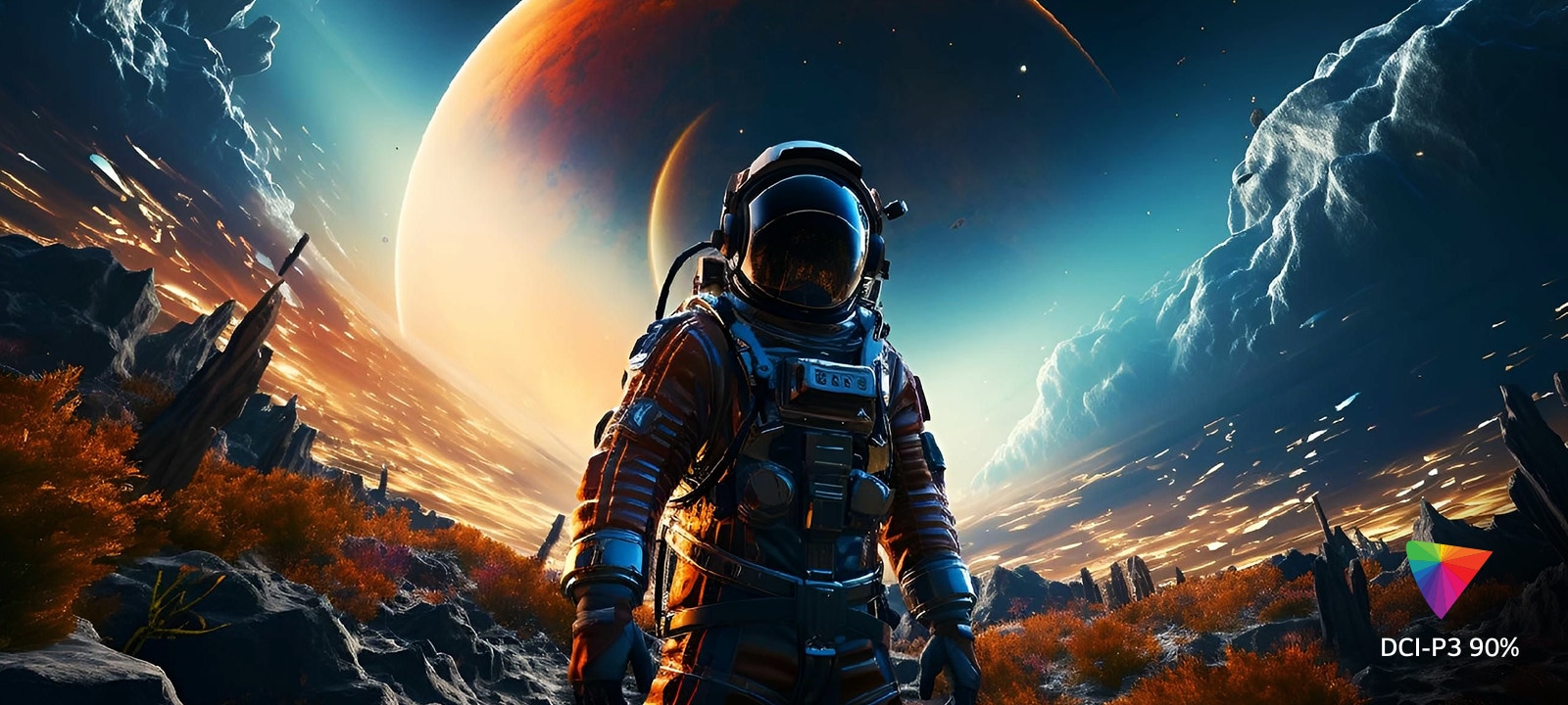 Layar berisi berbagai warna yang mewakili UHD 4K, dan di sudut kanan bawah, terdapat logo yang menunjukkan DCI-P3 90%.
