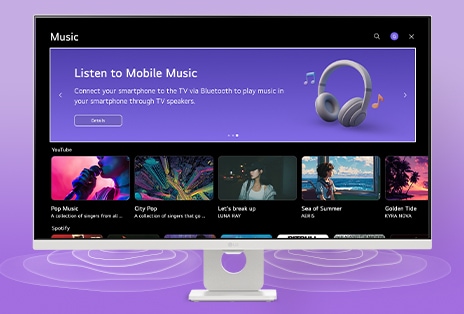 Layar LG Smart Monitor menampilkan antarmuka aplikasi musik.