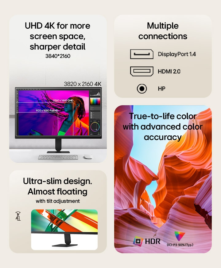Fitur unggulan monitor LG UHD 4K mencakup resolusi layar 3840x2160, beragam pilihan koneksi, serta pengaturan ketinggian dan kemiringan yang dapat disesuaikan.