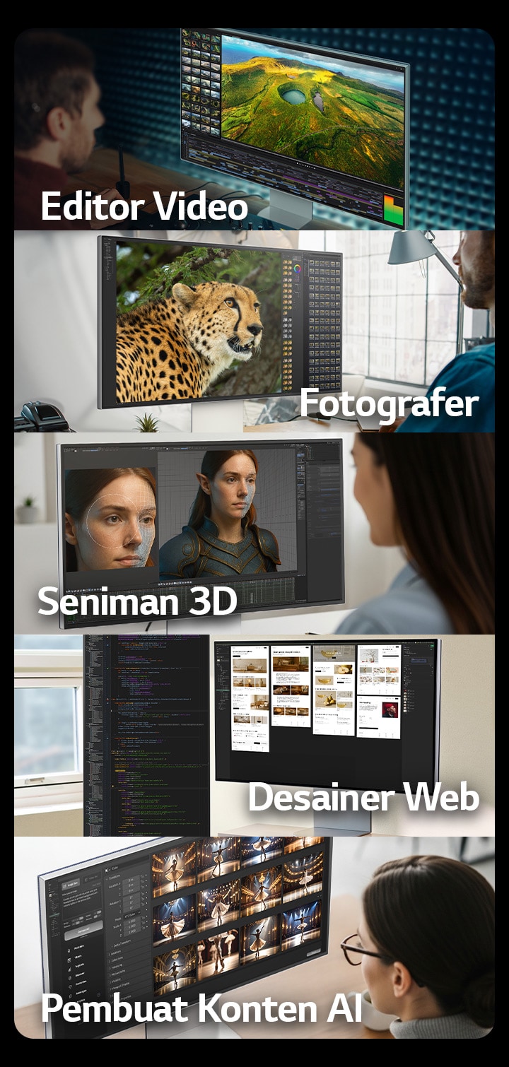 5 gambar yang memperlihatkan para pekerja kreatif sedang bekerja di depan monitor UltraFine menggunakan berbagai alat.