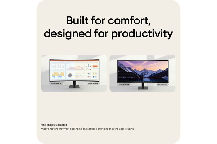 Monitor LG UltraWide Curved mendemonstrasikan fitur Reader Mode dan Flicker Safe untuk mengurangi kelelahan mata.