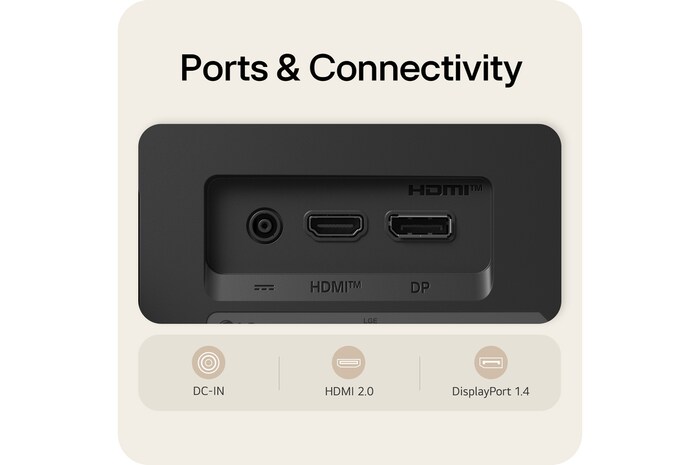 Tampilan dekat port belakang monitor LG UltraWide Curved termasuk DisplayPort 1.4, HDMI 2.0, dan DC-IN.