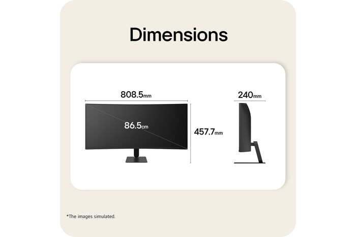 Tampilan depan dan samping monitor LG UltraWide Curved dengan dimensi produk yang ditampilkan dalam milimeter.