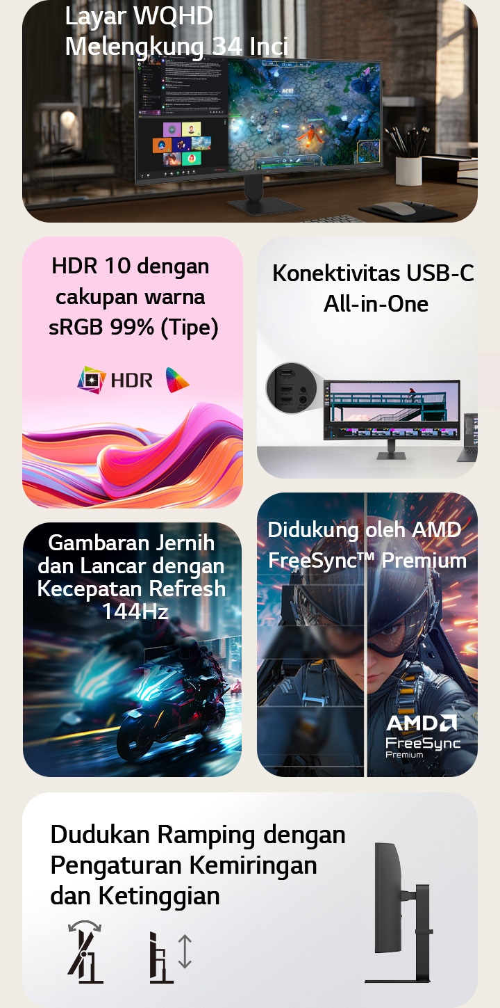 Ikhtisar fitur Monitor LG UltraWide Curved yang menampilkan layar lengkung WQHD 34 inci, HDR10 dengan akurasi warna sRGB 99%, konektivitas USB-C all-in-one, kecepatan refresh 144Hz yang mulus, dukungan AMD FreeSync, serta dudukan ramping yang dapat dimiringkan dan disesuaikan ketinggiannya untuk pengalaman bermain game yang imersif dan multitasking yang efisien.