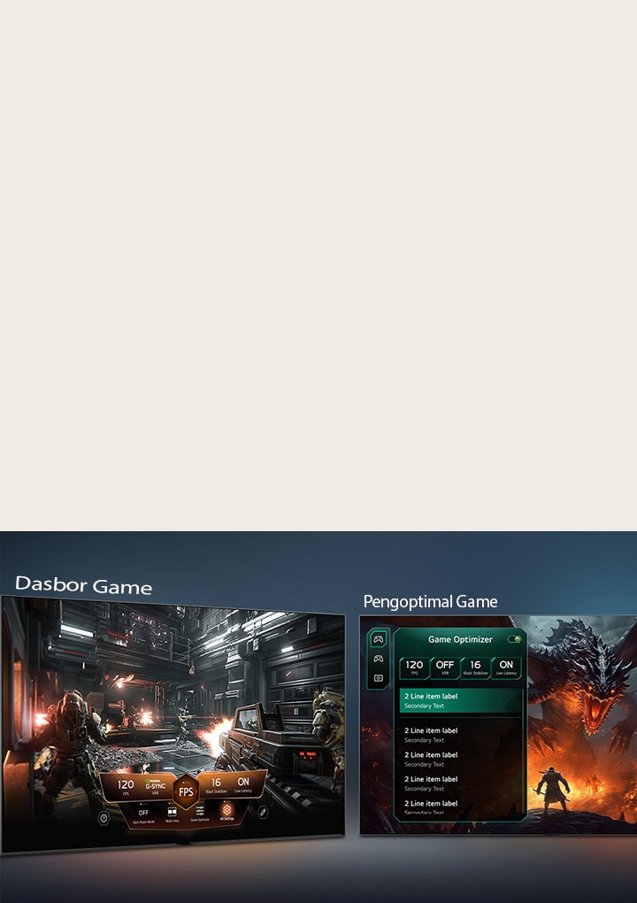 LG Mini RGB evo AI MRGB85 dengan Game Dashboard dan Optimizer menampilkan layar game berdampingan dan menu di layar untuk menyesuaikan pengaturan gameplay seperti kecepatan refresh, latensi, dan mode visual secara real time.
