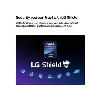 LG Shield, applied to the LG Mini RGB evo AI MRGB86, is displayed with an LG Shield logo in the center, security icons at the bottom, and a CES Innovation Awards 2026 Honorable Mention badge at the top, which stands for data and system protection.