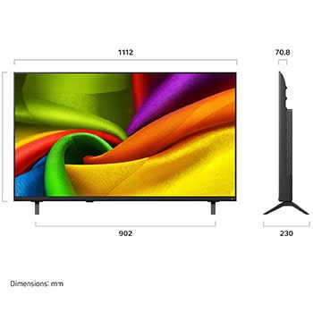 LG NANO 4K UHD AI NU845 yang ditampilkan dalam tampilan depan dan samping menyoroti layar 50 inci dengan layar lebar 1112 mm, tinggi layar 649 mm, tinggi 711 mm dengan dudukan, kedalaman profil 70,8 mm, dan tapak dudukan berukuran 902 x 230 mm.